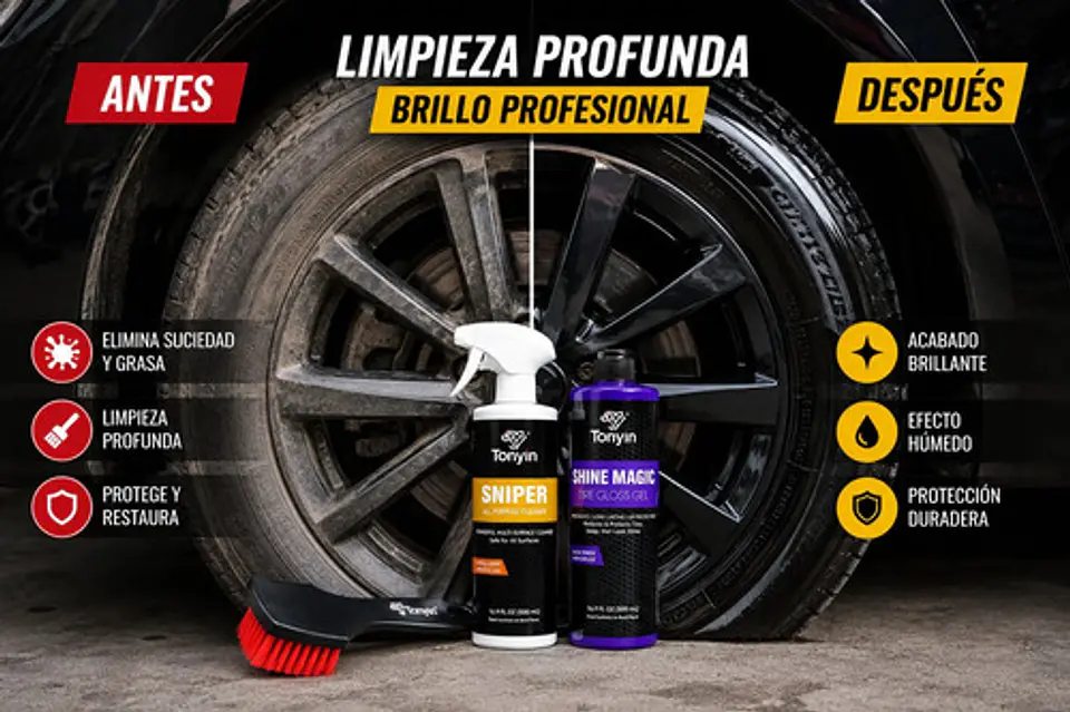 Kit Limpieza Neumático Auto Tonyin Abrillantador Gel Cepillo 3