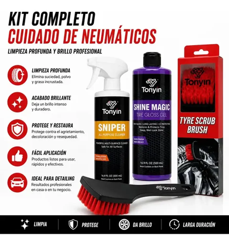 Kit Limpieza Neumático Auto Tonyin Abrillantador Gel Cepillo 4