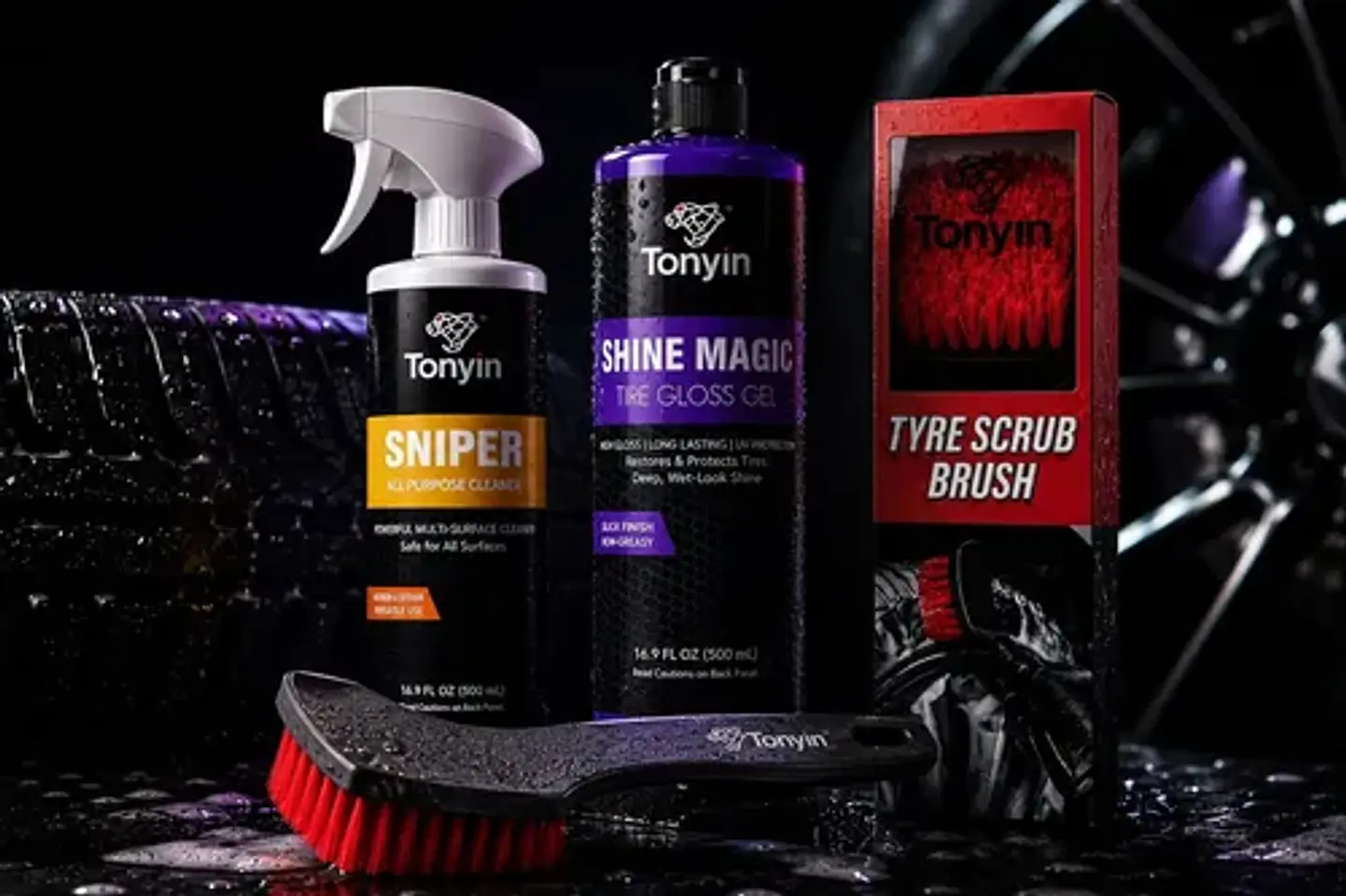 Kit Limpieza Neumático Auto Tonyin Abrillantador Gel Cepillo 5