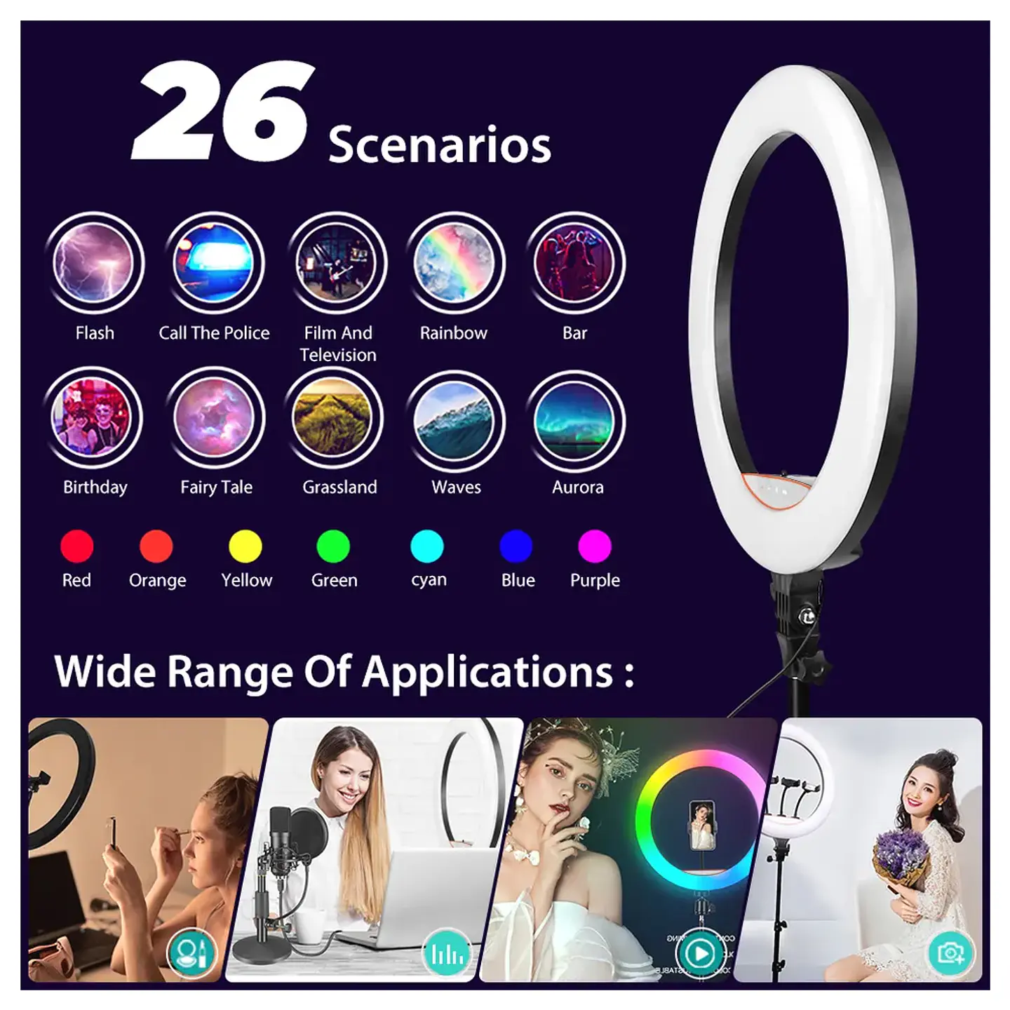 Aro Luz Led Multicolor Luz RGB, 45cm, incluye control, trípode y soportes 6