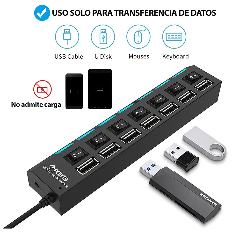 Hub 7 puertos USB 2.0 con interruptores individuales 2