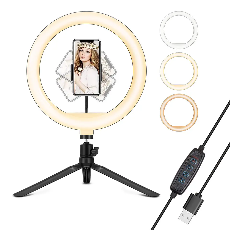 Aro De Luz Led 26cms + Trípode Escritorio + Soporte Celular 1