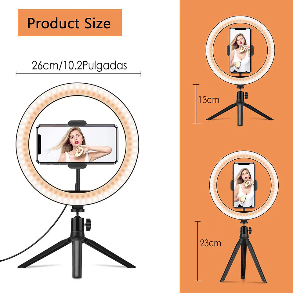 Aro De Luz Led 26cms + Trípode Escritorio + Soporte Celular 3