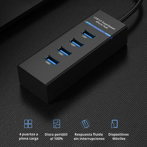 HUB USB 4 Puertos 3.0 (5Gbps, 30cm, Led Indicador) - Negro