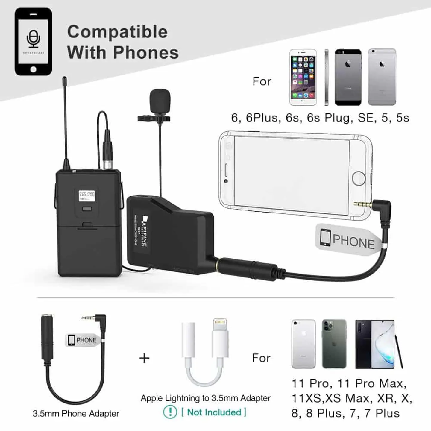 Set profesional: Micrófono inalámbrico fifine K037B, con auriculares y micrófonos de solapa Lavalier 5