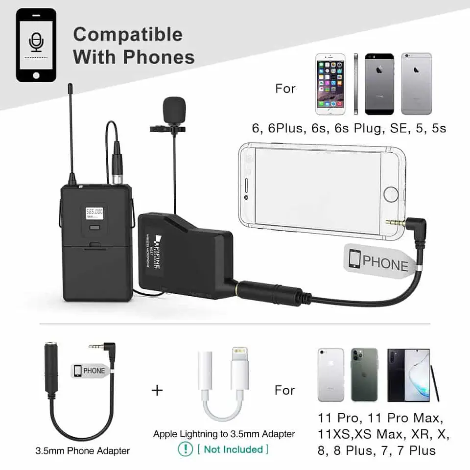 Set profesional: Micrófono inalámbrico fifine K037B, con auriculares y micrófonos de solapa Lavalier 5