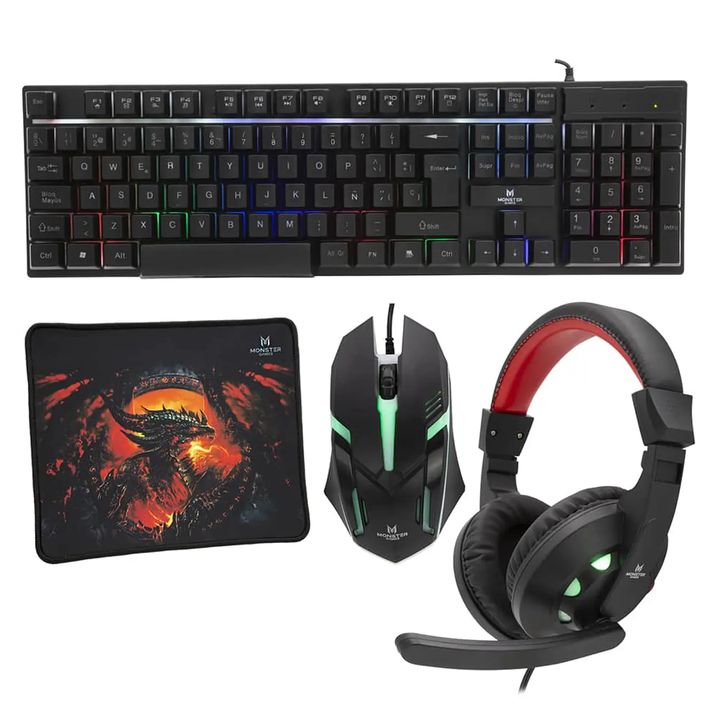 Kit 4 en 1 Monster Games Insertion K4125: Teclado + Audífonos + Mouse + Mousepad 1
