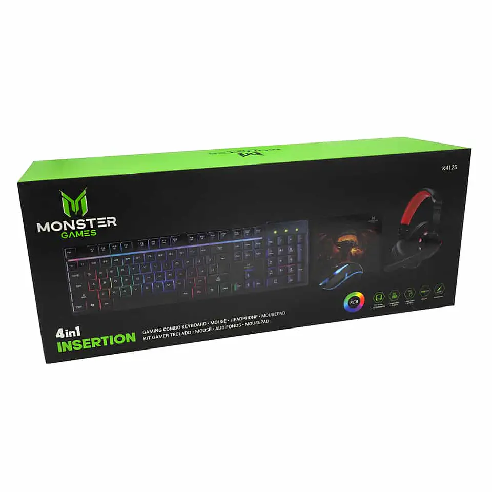 Kit 4 en 1 Monster Games Insertion K4125: Teclado + Audífonos + Mouse + Mousepad 4