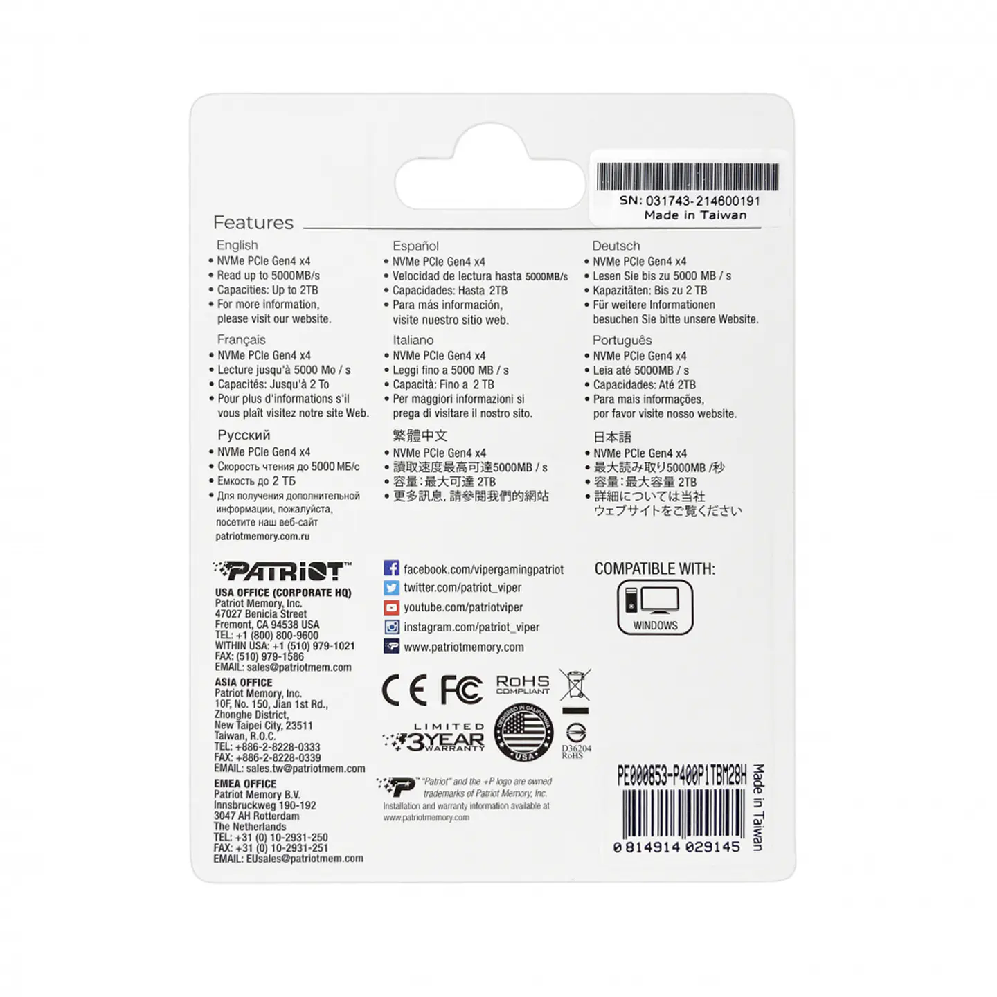 Unidad SSD Patriot P400 NVMe, 1TB, PCI Express 4.0, M.2 7