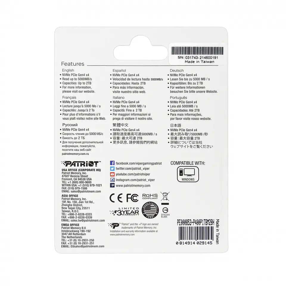 Unidad SSD Patriot P400 NVMe, 1TB, PCI Express 4.0, M.2 7