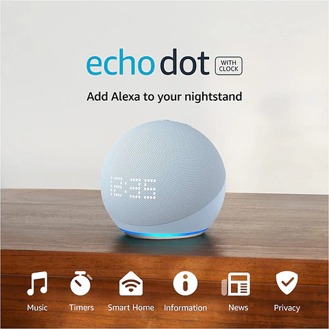 Amazon Echo Dot 5th Gen con reloj y asistente virtual Alexa - Azul
