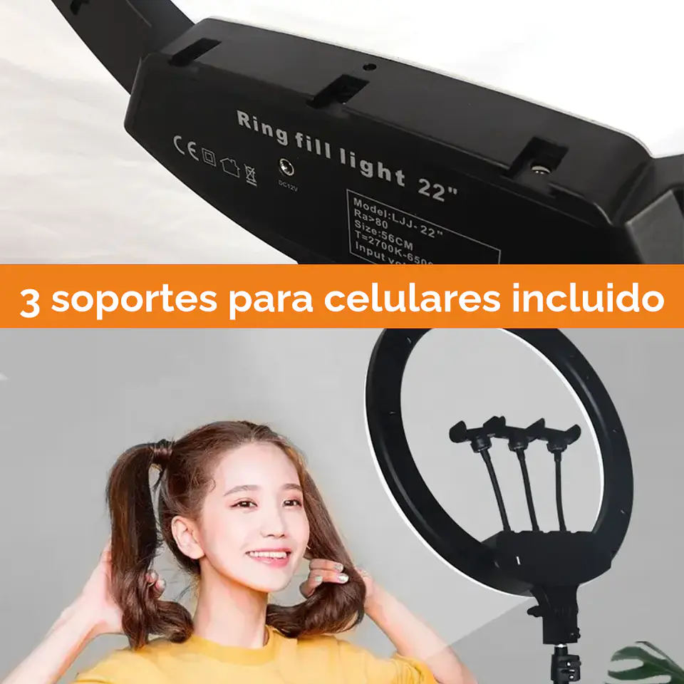 Aro Luz Led Fotografía Profesional 56 cm incluye trípode, control y soporte para celulares 2