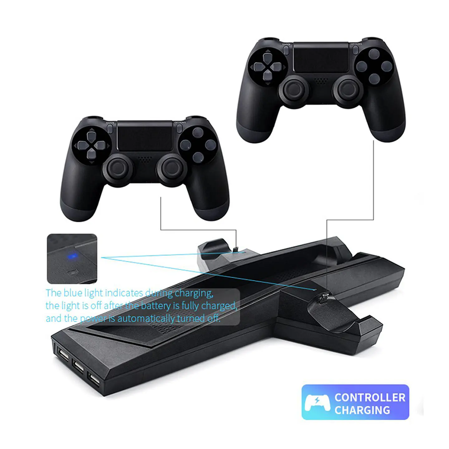 Soporte Base Ps4 y Ps4 Slim para 2 Dualshock Con Ventilador + 3 Puertos USB 2
