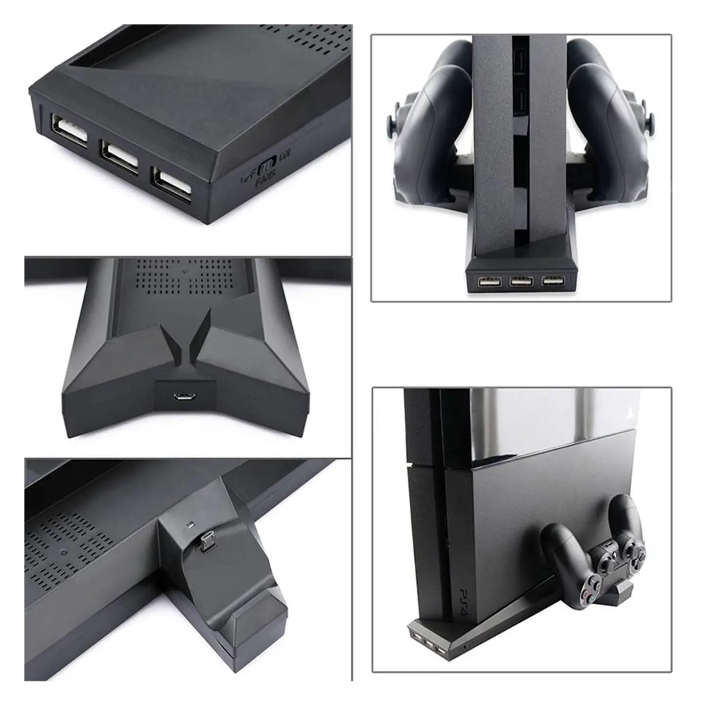 Soporte Base Ps4 y Ps4 Slim para 2 Dualshock Con Ventilador + 3 Puertos USB 5