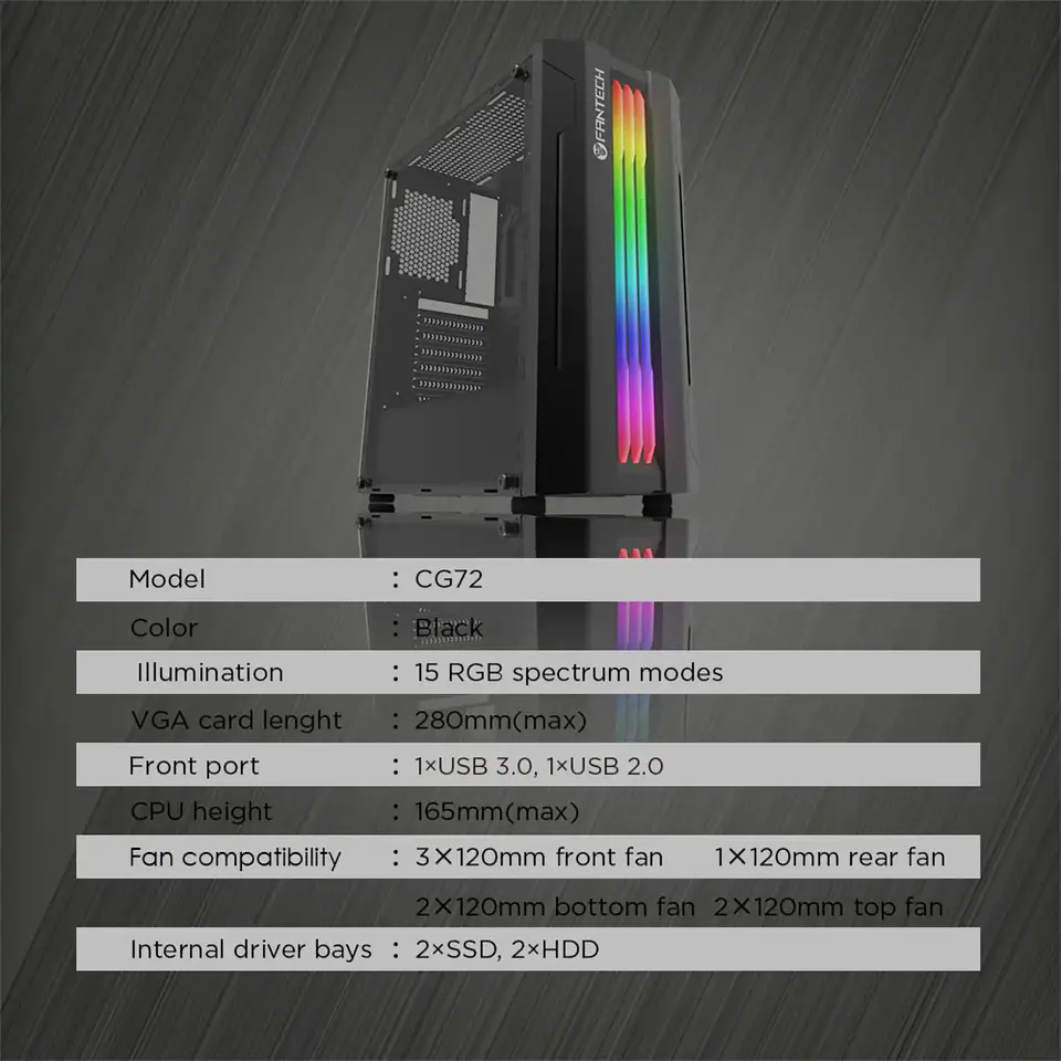 Gabinete Fantech Strike CG72 RGB, ATX, 3.0 USB - Negro 3