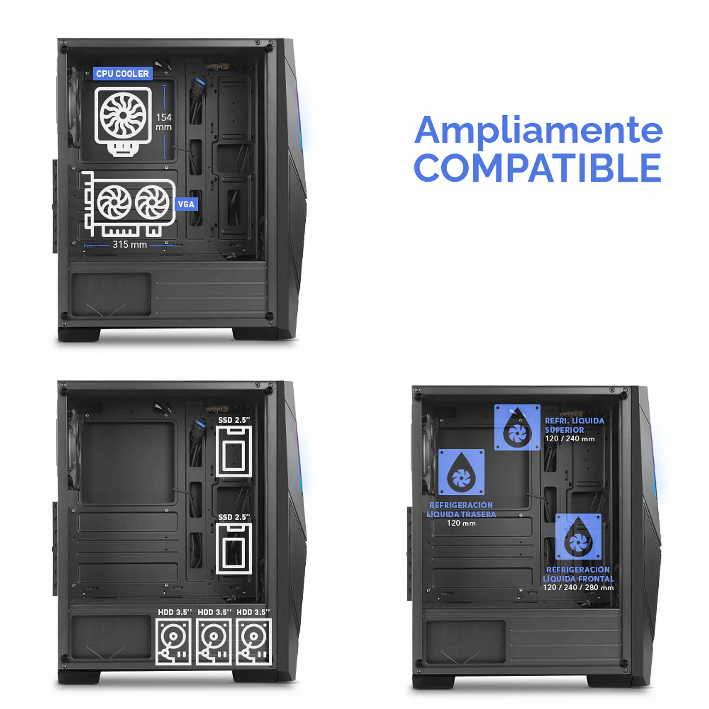 Gabinete Gamer Infinity Delta Pro, Atx, Vidrio Templado, 2 Cooler integrados, US 5