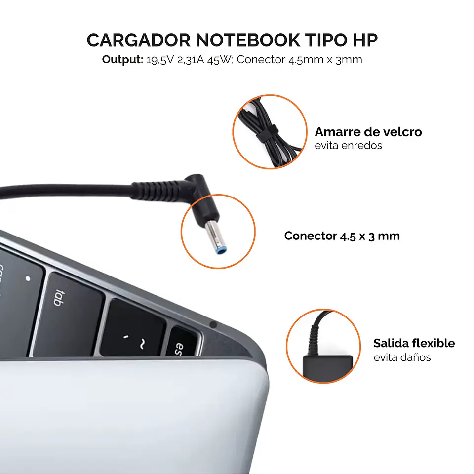 Cargador Notebook Compatible HP 19.5V 2.31A 45W 4,5x3mm pin azul 3