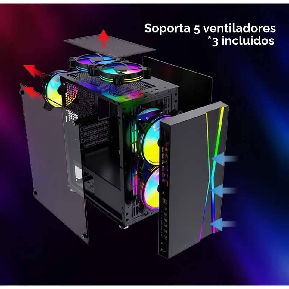Gabinete Game Pro N22B RGB Programable ATX, incluye 3 ventiladores 5