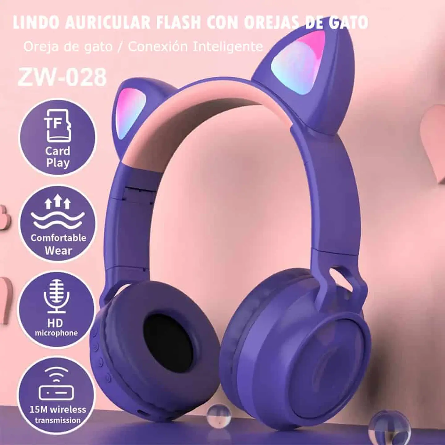 Audífono Inalámbrico Cat Ear, RGB (Orejas de Gato con Luces, ZW-028) 4
