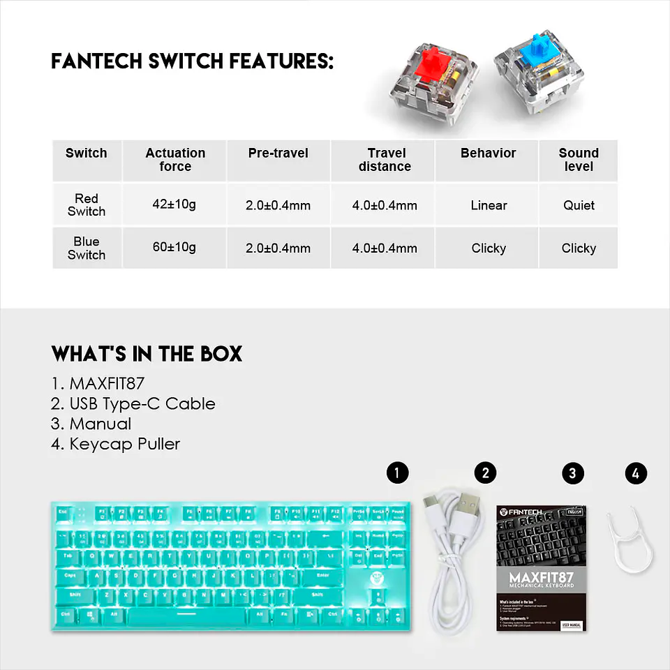 Teclado Mecánico Fantech MAXFIT87 MK856 Mint Ed, Red Switch 8