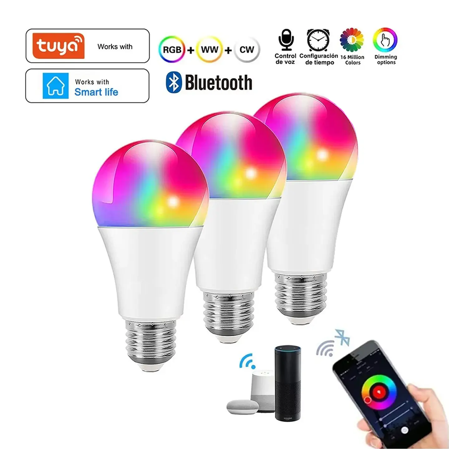 Kit 3 Ampolleta Led E27 Wifi Inteligentes Rgb, Iluminación Hogar 1