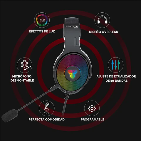 Audífonos Fantech HG22 Fusion Black, RGB Micrófono Desmontable 7.1 USB