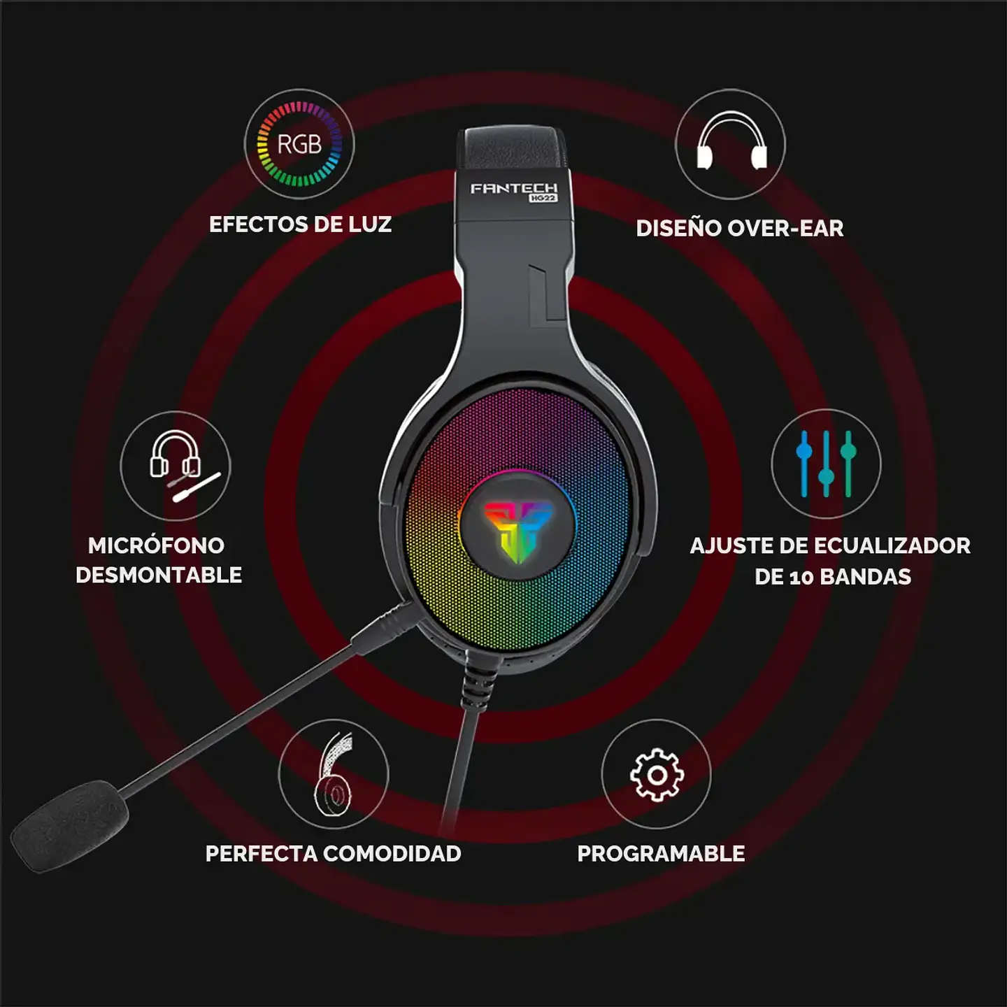 Audífonos Fantech HG22 Fusion Black, RGB Micrófono Desmontable 7.1 USB 2