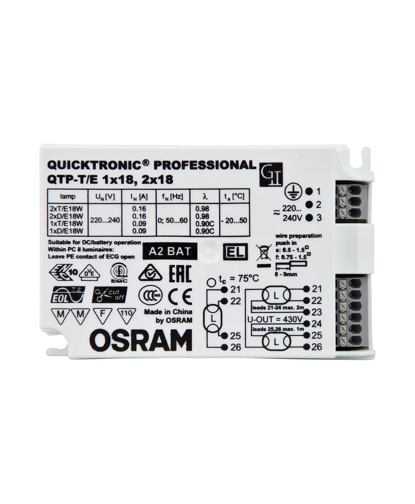 Balastro electrónico QTP-T/E 1X18, 2X18 Osram 2