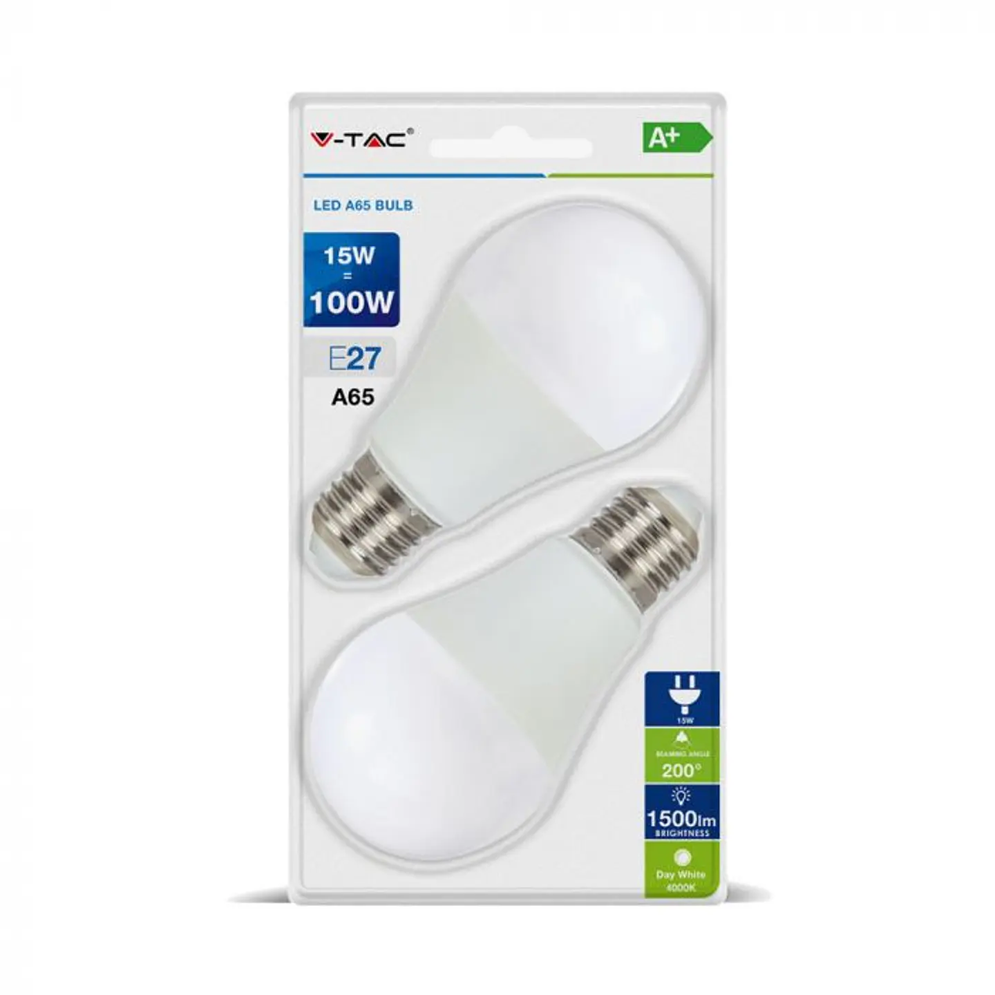 Lâmpada LED Plastic 15W A65 2700K E27 (2 unid. ) V-TAC 2