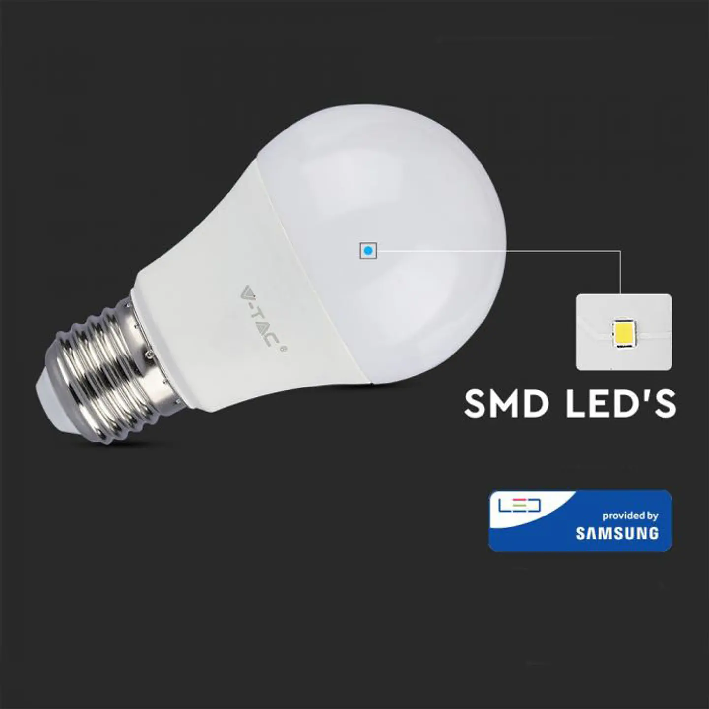 LED Bulb Plastic Chip Samsung 8.5W 3000K E27 A60 V-TAC 3