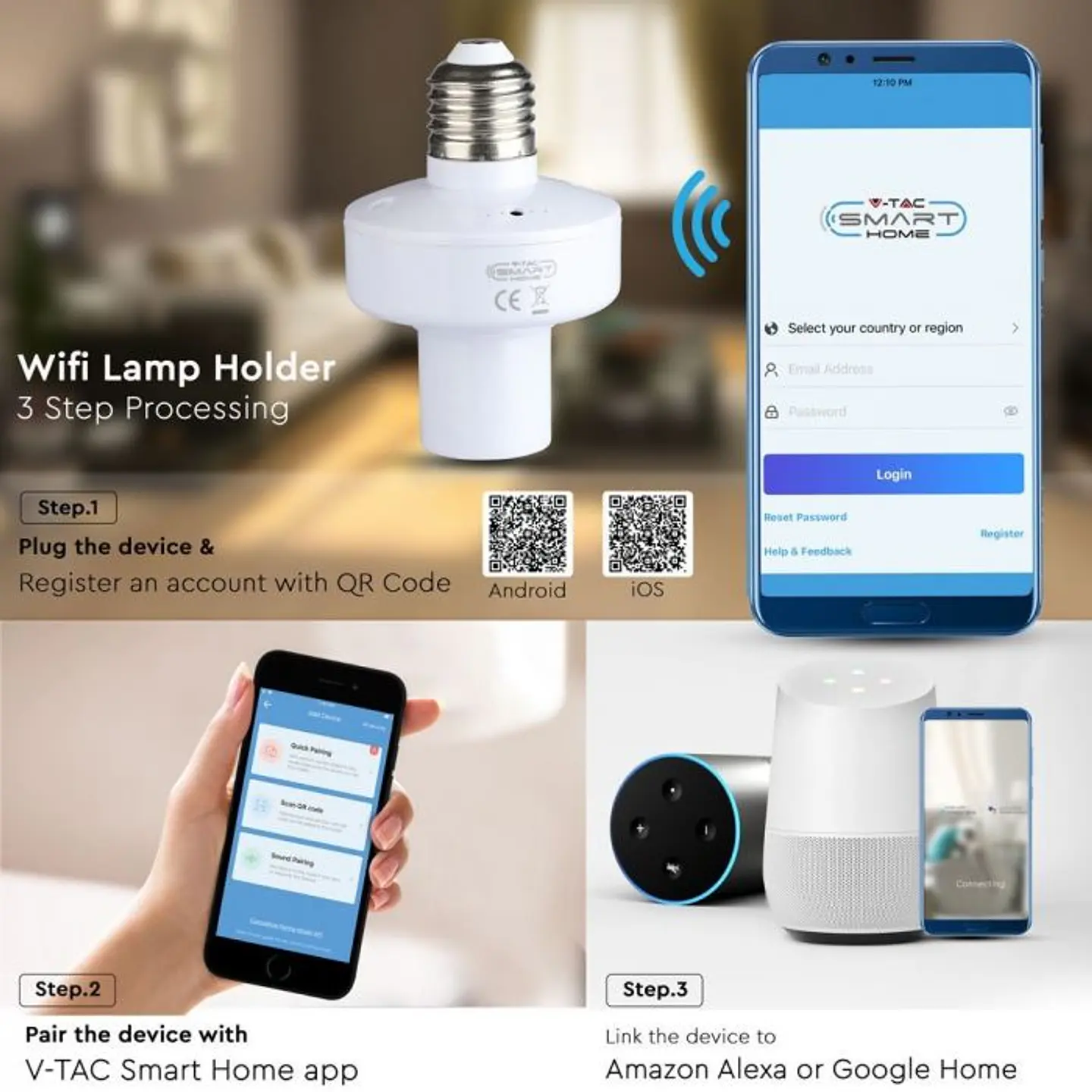 Suporte E27 c/WIFI, trabalha c/Amazon Alexa & Google Home V-TAC 6