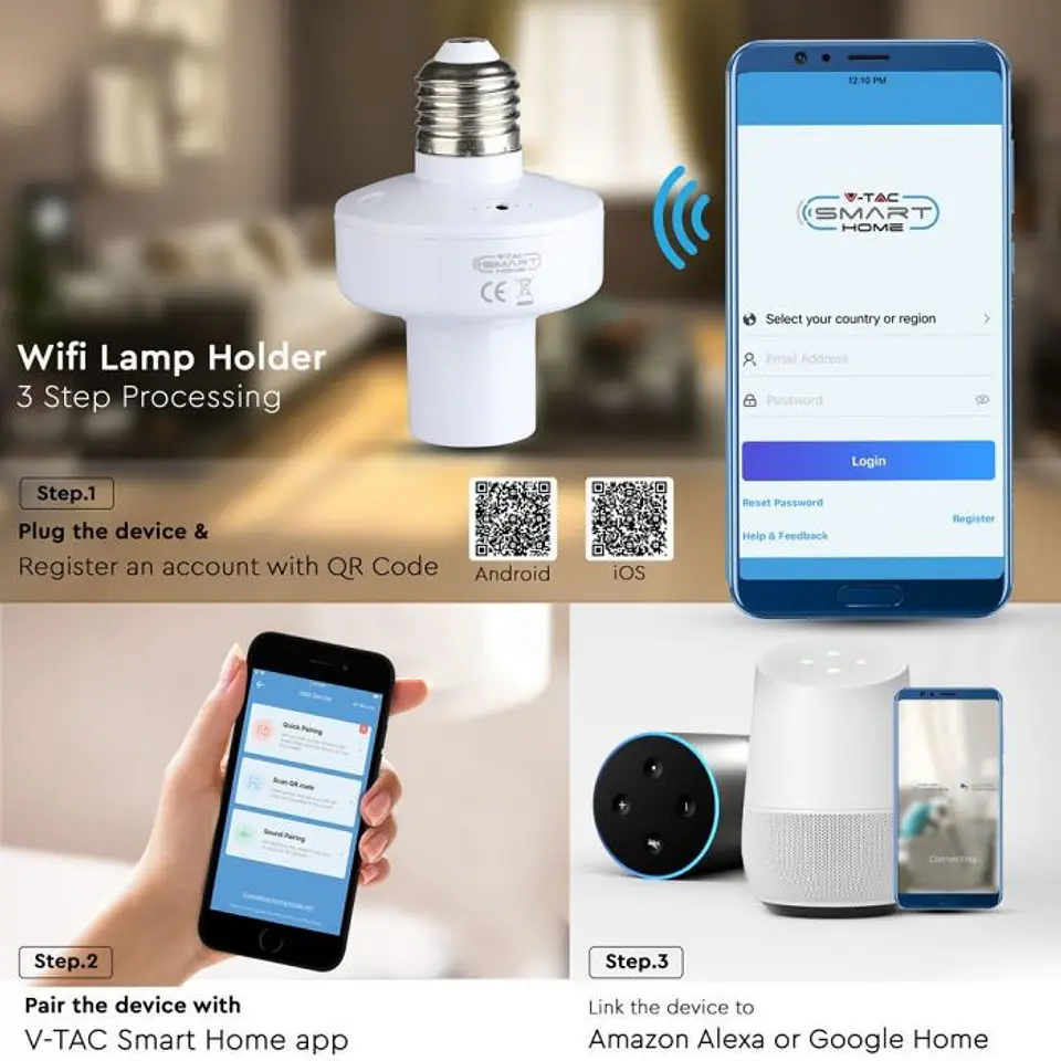 Suporte E27 c/WIFI, trabalha c/Amazon Alexa & Google Home V-TAC 6