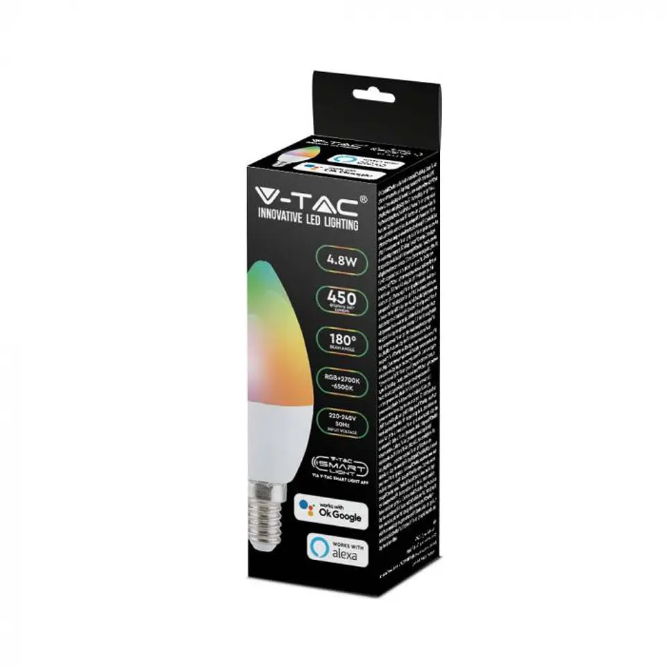 Lâmpada vela Smart 4.8W E14 compatível c/Alexa e Google home RGB+WW+CW V-TAC 7