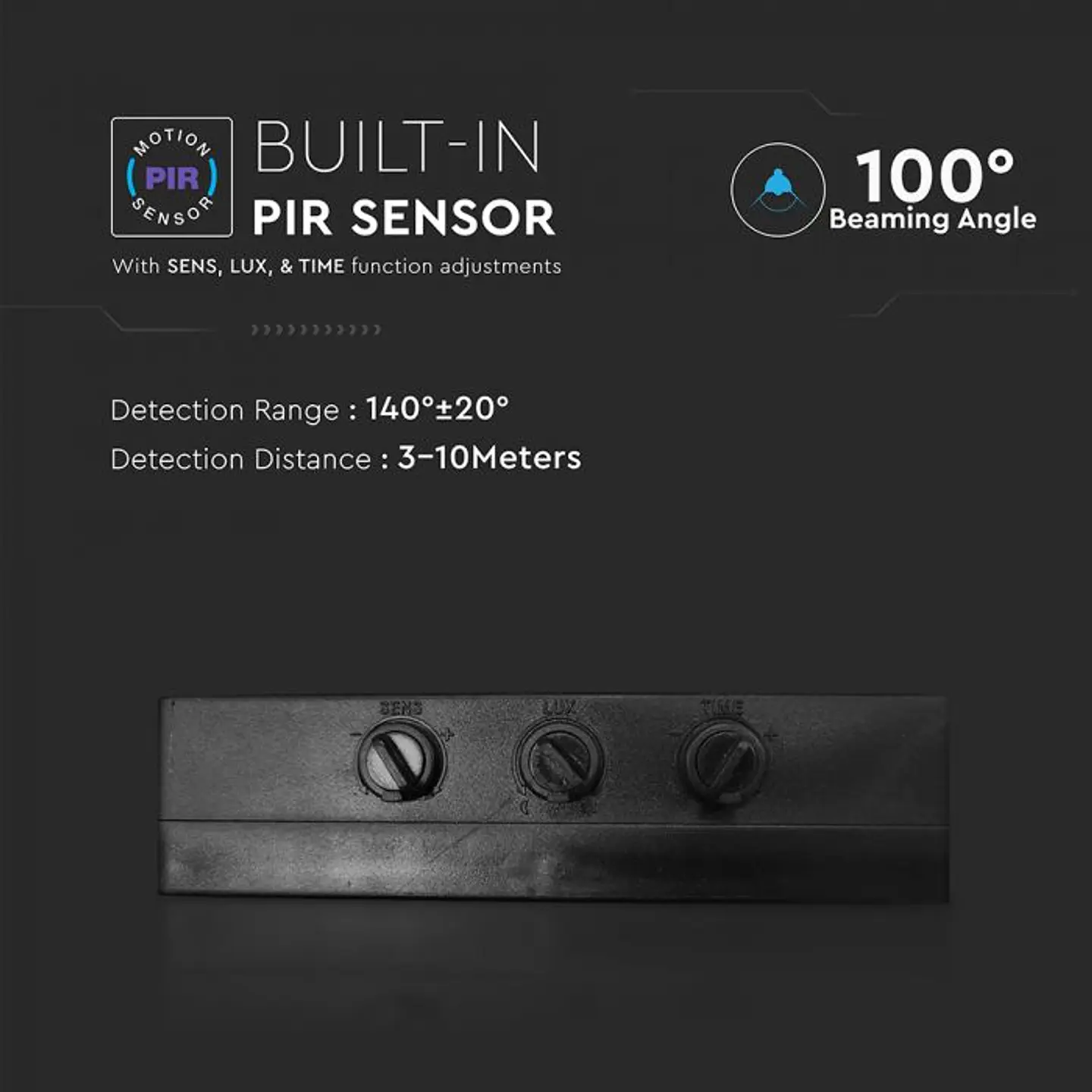 Projetor LED 10W 6500K sensor PIR, Chip Samsung, 1m cabo Corpo Preto IP65 V-TAC 6