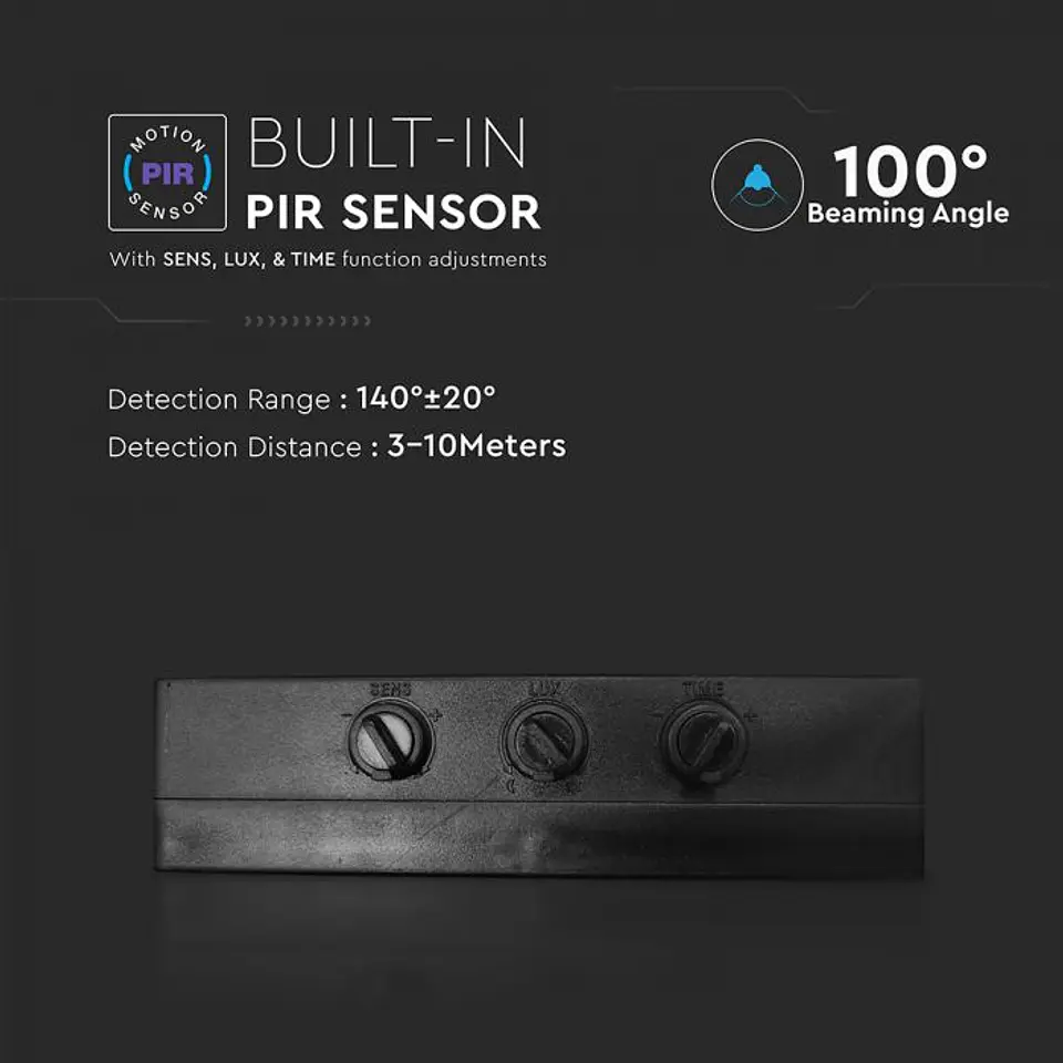 Projetor LED 10W 6500K sensor PIR, Chip Samsung, 1m cabo Corpo Preto IP65 V-TAC 6