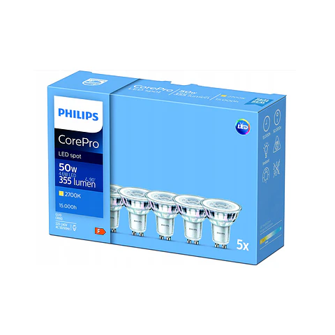 Bombilla CorePro LEDspot 4.6-50W GU10 827 36D (5 unid.) Philips