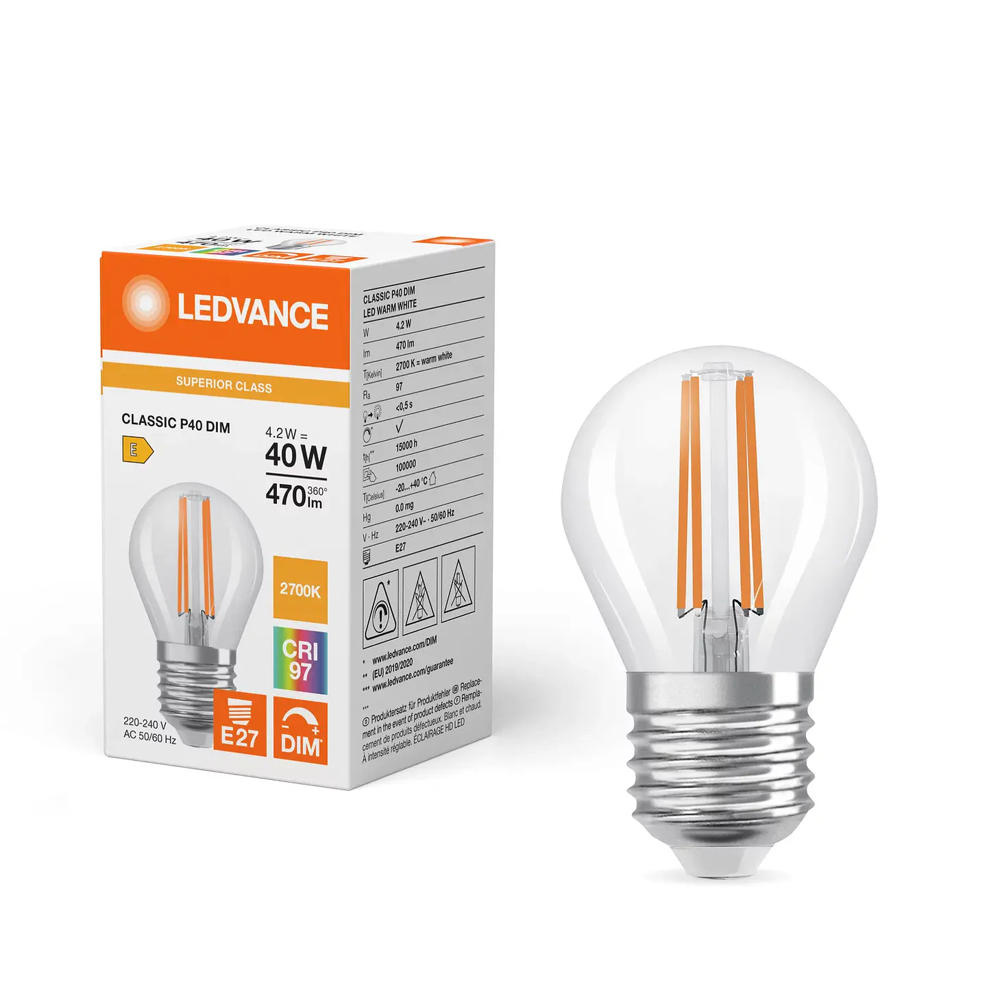 Lamp LED Classic P 40 Filament DIM CRI97 S 4.2W 927 E27 Clear Ledvance 3