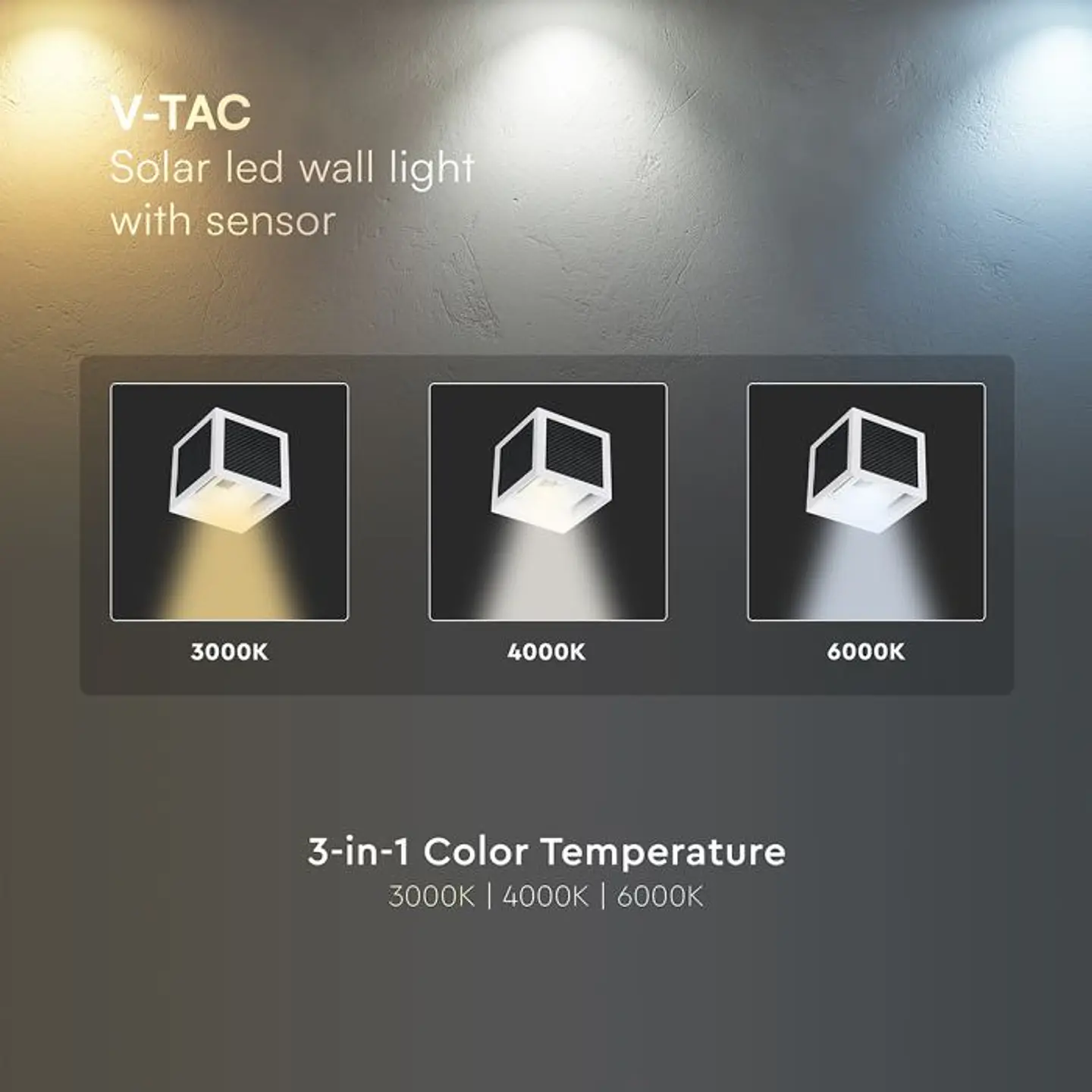 Aplique de parede solar LED 9W c/sensor PIR 3IN1 IP65 Branco V-TAC 6