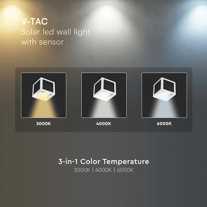 Aplique de pared solar LED 9W LED con sensor PIR 3IN1 IP65 Blanco V-TAC 6