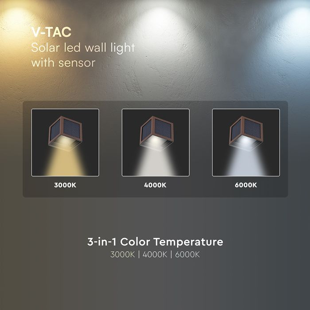 Aplique de parede solar LED 9W LED c/sensor PIR 3IN1 Castanho IP65 V-TAC 5