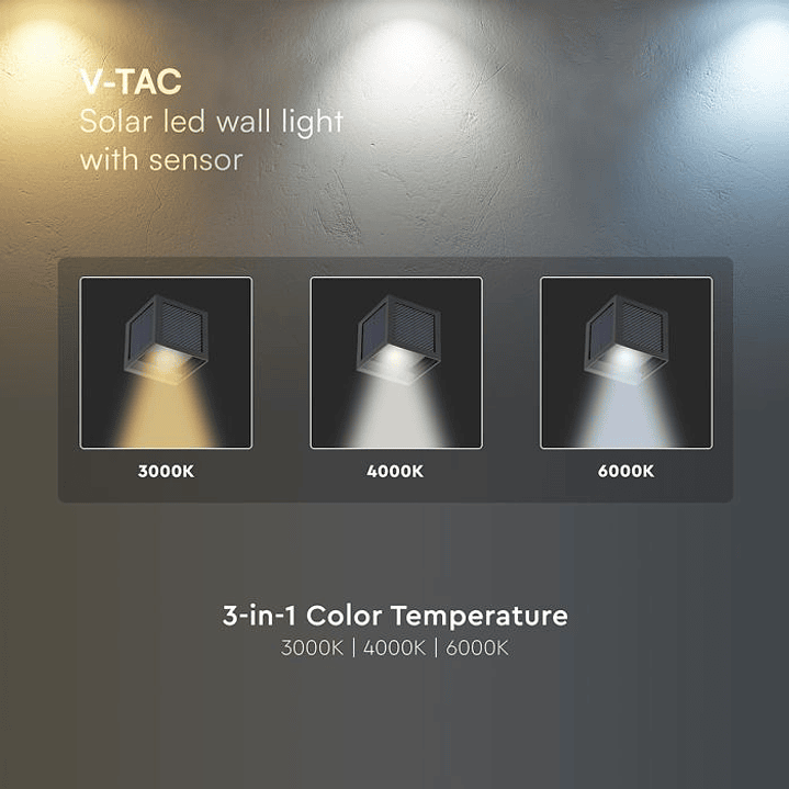 Aplique de parede solar LED 9W c/sensor PIR 3IN1 IP65 Preto V-TAC 6