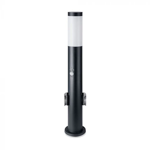 Baliza c/lâmpada, sensor PIR e tomada, 600mm IP44, aço inoxidável preta V-TAC