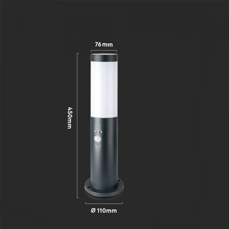 Bollard with lamp (E27) and PIR sensor 450mm stainless steel IP44 grey V-TAC 2