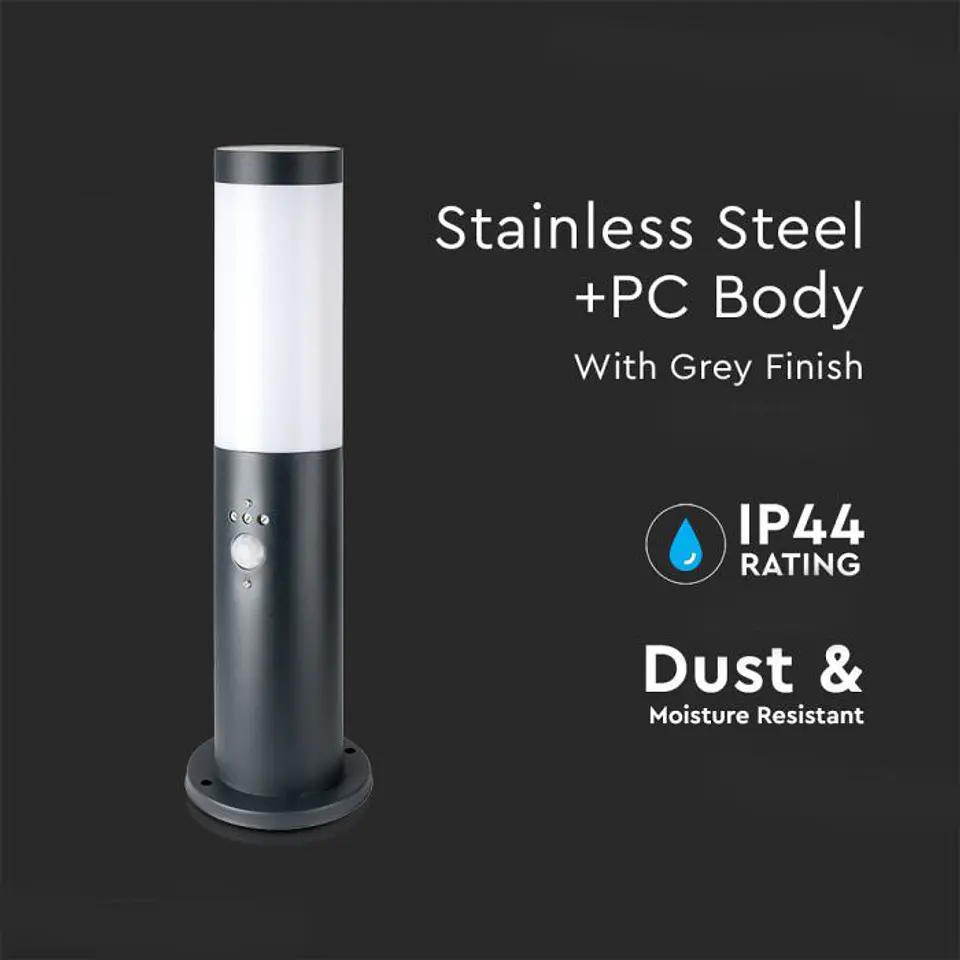 Bollard with lamp (E27) and PIR sensor 450mm stainless steel IP44 grey V-TAC 3