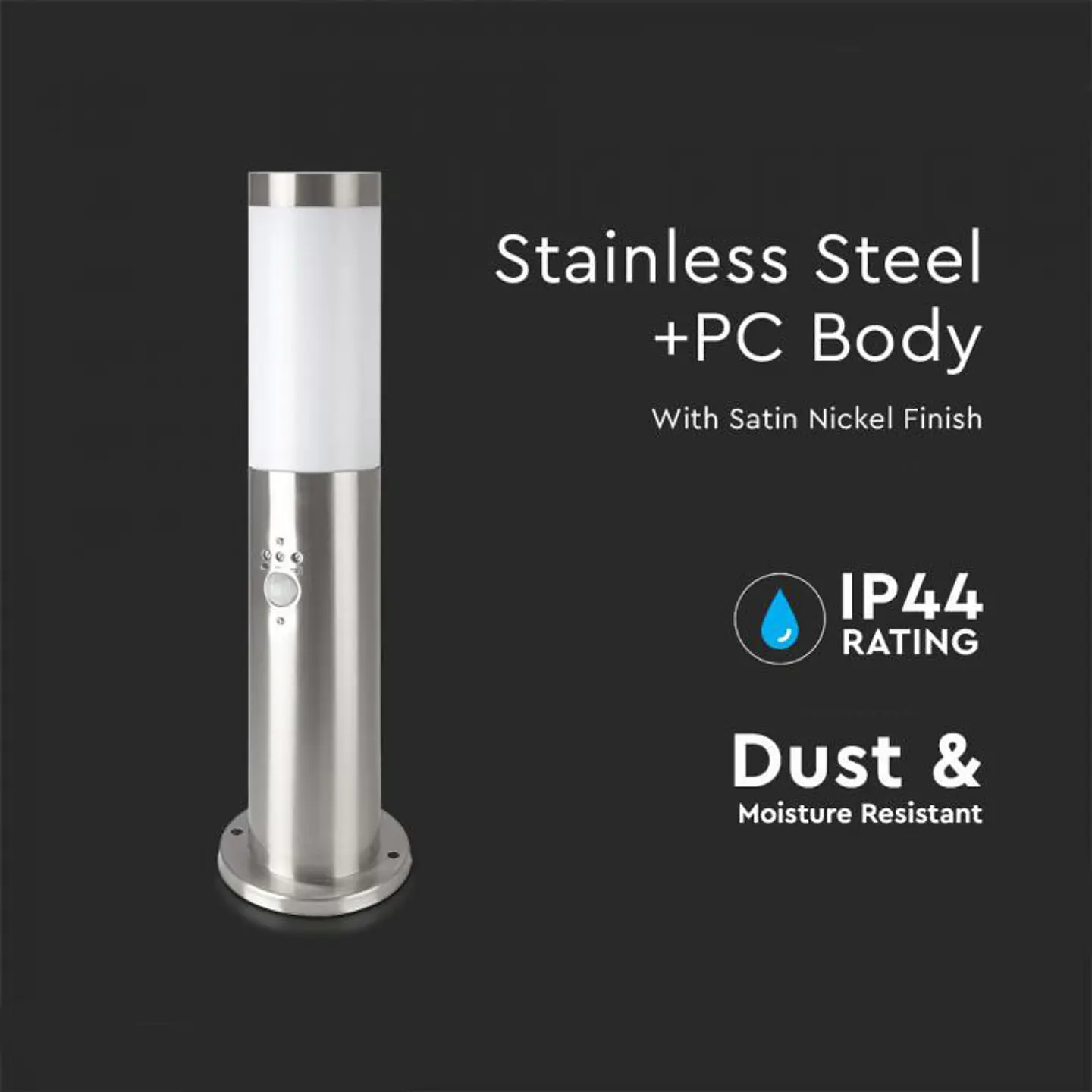Bollard with lamp (E27) and PIR sensor 450mm stainless steel IP44 satin nickel V-TAC 3