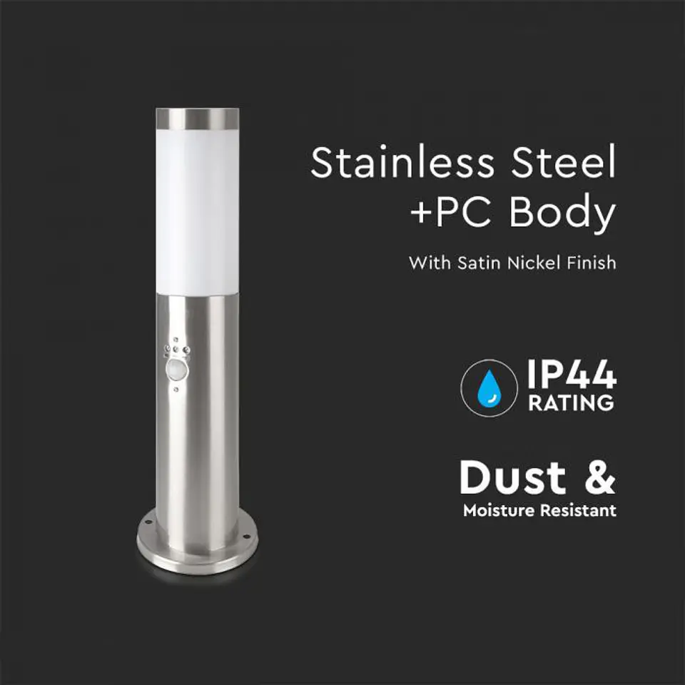 Bollard with lamp (E27) and PIR sensor 450mm stainless steel IP44 satin nickel V-TAC 3
