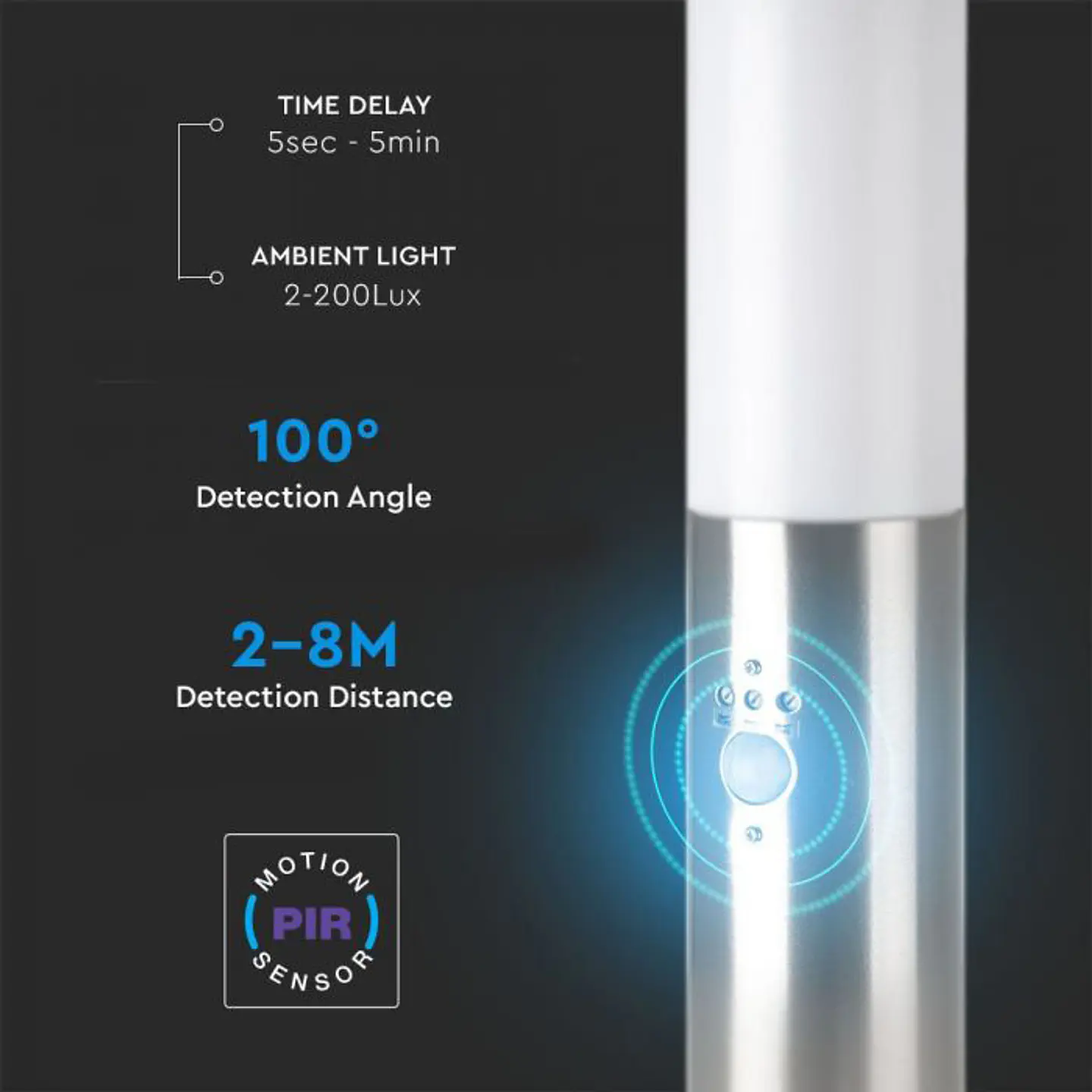 Bollard with lamp (E27) and PIR sensor 450mm stainless steel IP44 satin nickel V-TAC 4
