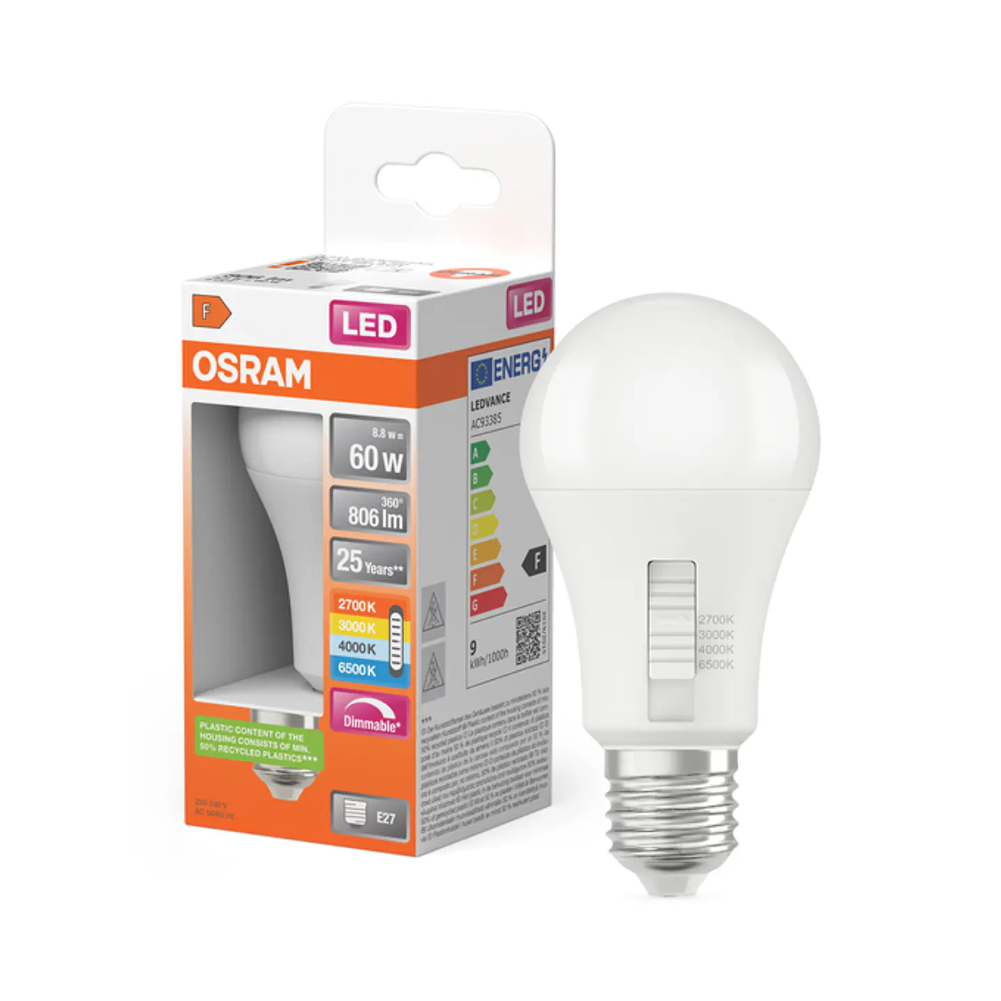 Lamp LED Classic A60 DIM CCT Select 8.8W 827/830/840/865 frosted E27 Ledvance 3