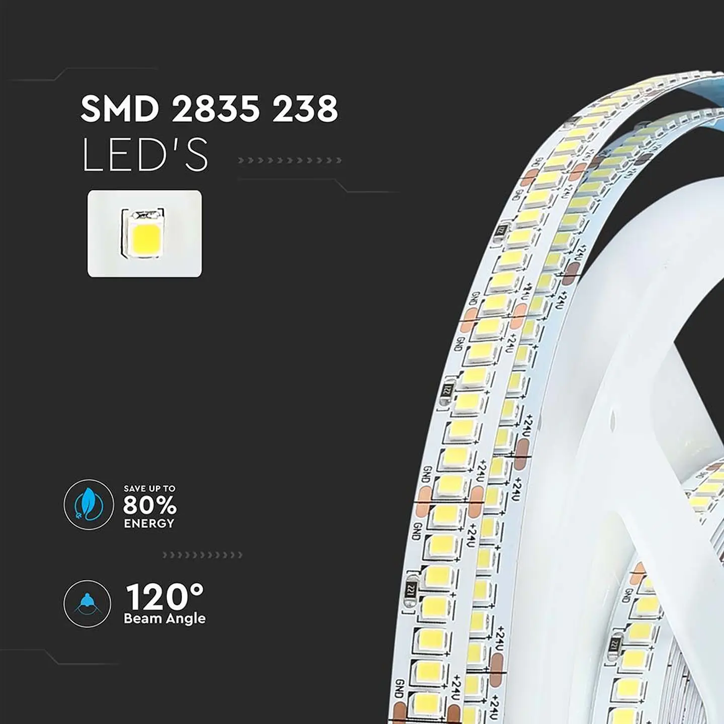 Fita LED SMD2835 18W/M 4000K 24V V-TAC 4