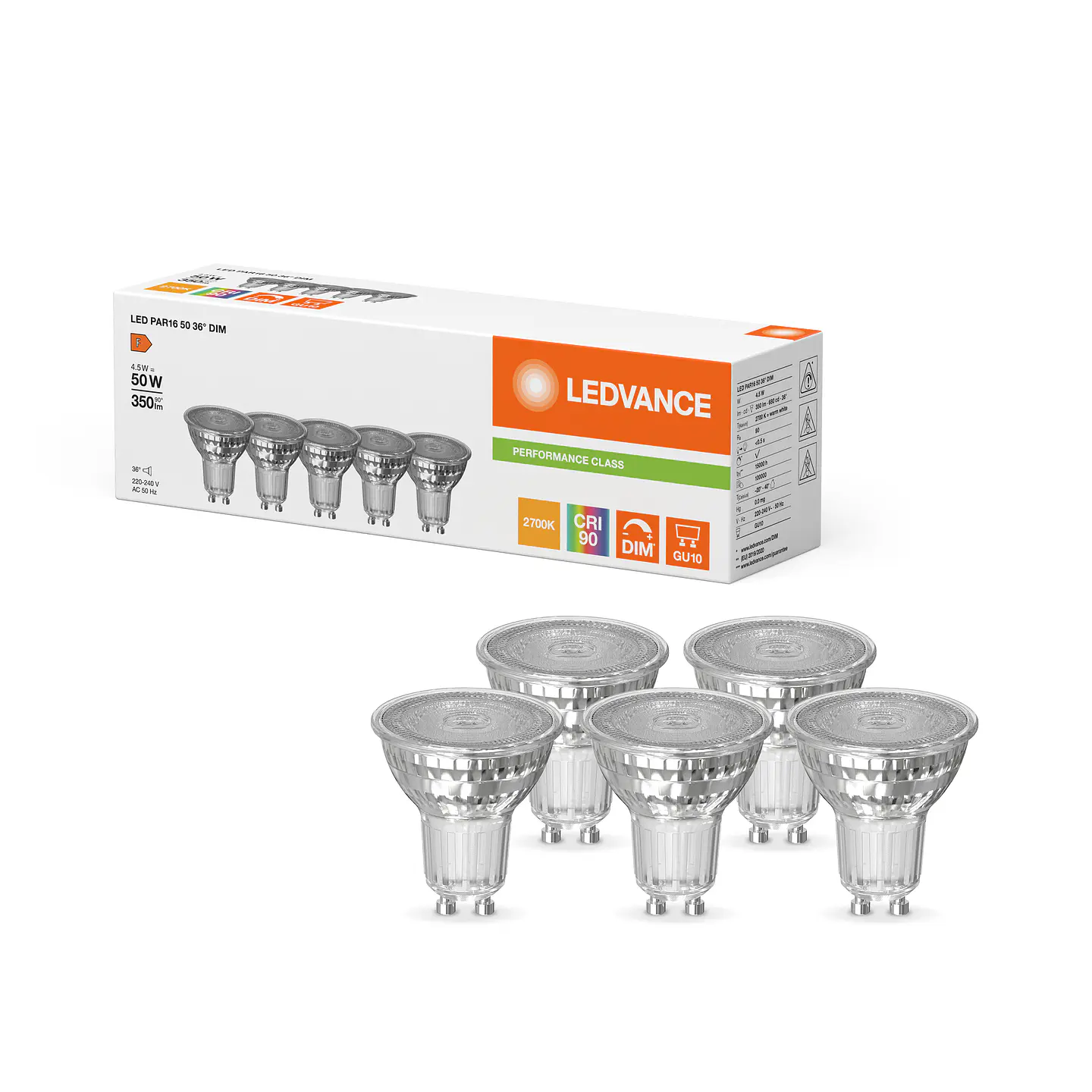 LED PAR16 50 36Â° DIM P 4,5W/927 GU10 (PACK 5UNID) LEDVANCE 1